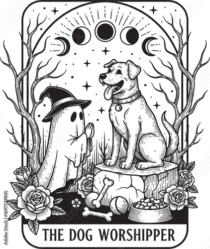 Dog Worshipper Character with Adoring Dog Surrounded by Mystical Nature in Tattoo Art Style