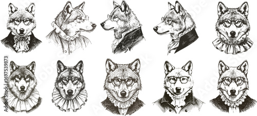 Vector gentleman, baron, marquis, noble, granny wolf heads. Vintage collection of beautiful sketches of clever animal in retro black and white style.
