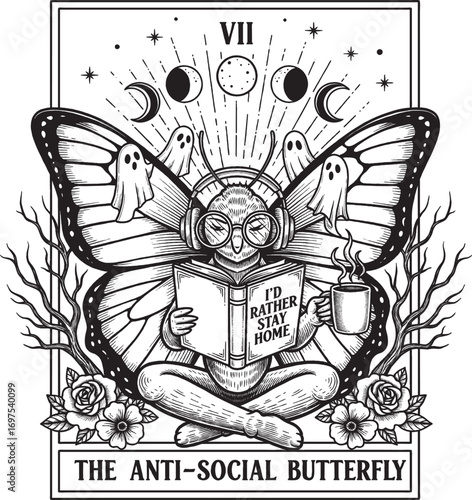 Anti-Social Butterfly Character with Book and Mug in Surreal Whimsical Cottagecore Aesthetic