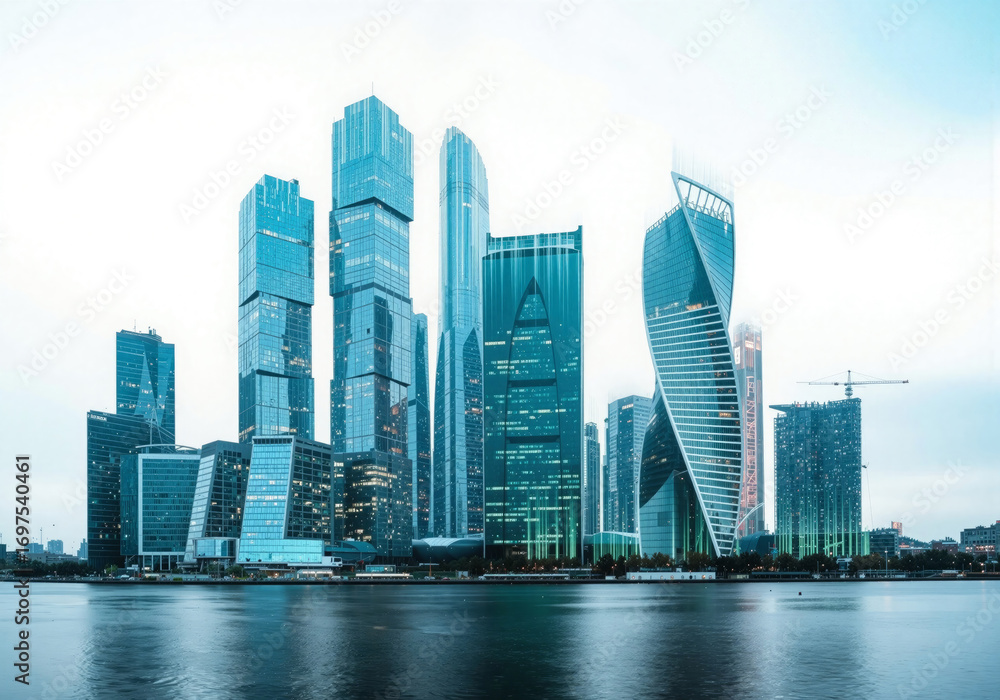Obraz premium Blue Glass Skyscrapers Reflected in Calm Water