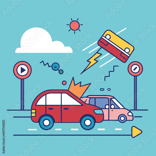 Cartoon illustration of a car crash with two vehicles colliding on a road