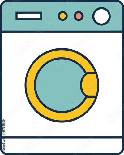 Modern front loading washing machine icon with teal and yellow accents