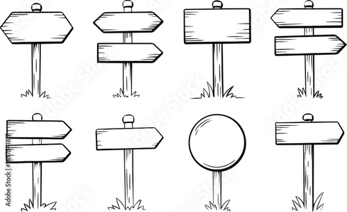 Hand-drawn wooden signpost collection vector for direction, information, and blank message boards.