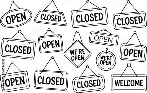 Hand-drawn doodle "Open" and "Closed" signs vector collection for retail business, store hours, and welcome messages.