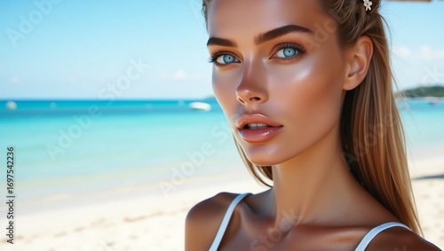 A beautiful young woman with blue eyes on the beach, wide angle