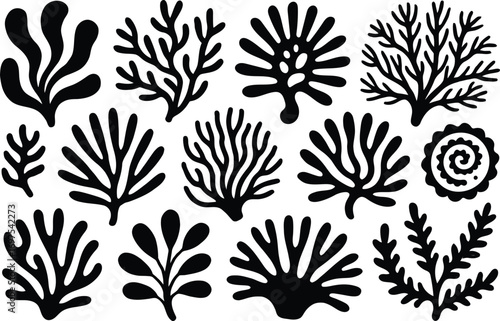 Seaweed and Coral Silhouette Vector Set for Underwater Marine Nature Design Elements.