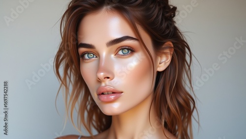 A woman with long brown hair and blue eyes, wide angle