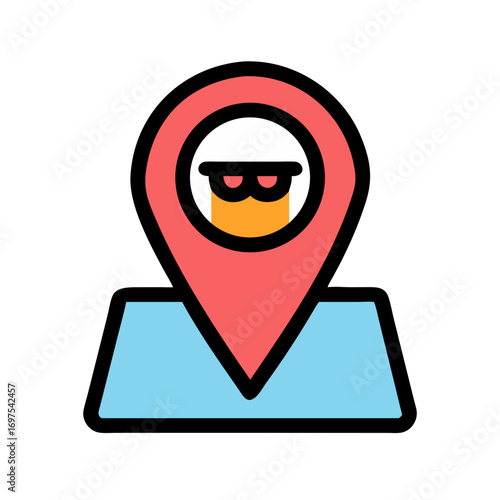 Cartoon map pin icon with sunglasses character illustration