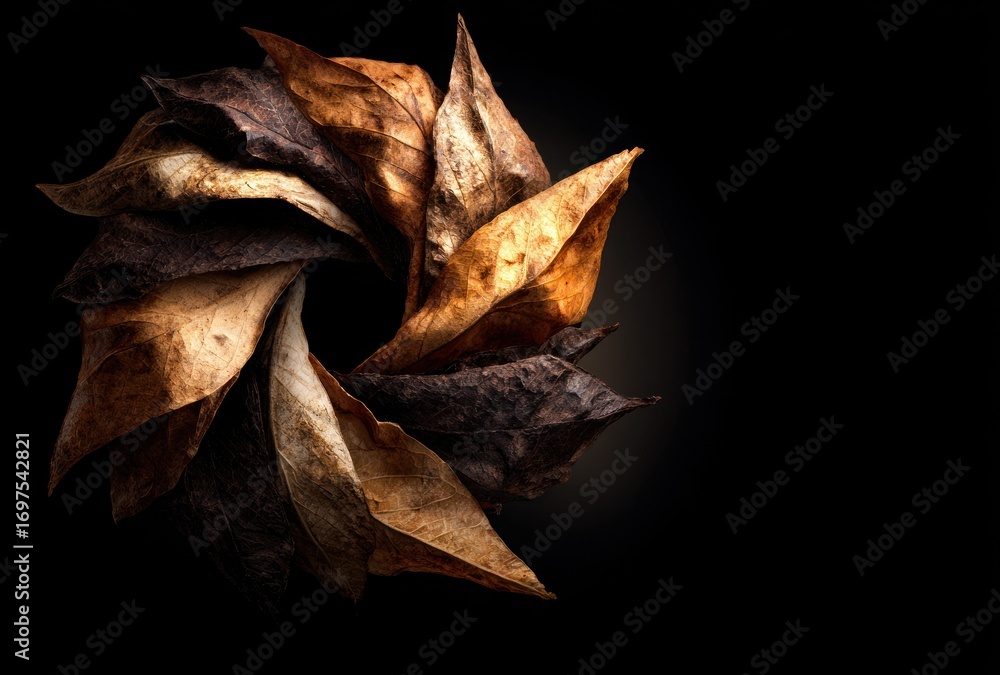 Fototapeta premium Brown and tan leaves are arranged in a circular pattern against a dark background. Soft lighting emphasizes texture