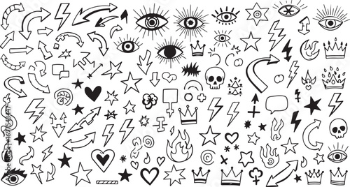 Punk doodle hand drawn vector. Grunge grafitti with rock heart star fire arrow skull. Sketch crayon icon tattoo. Scribble marker art. Line, shape punk doodle grafiti with rock music element