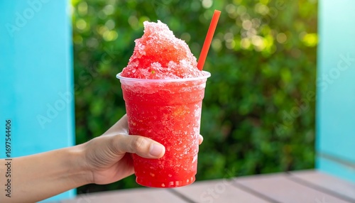 Hand holding a vibrant red slushy