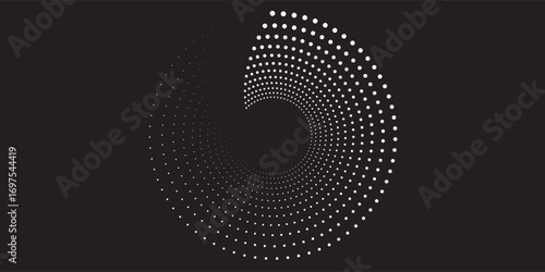 Modern abstract background. Halftone dots in circle form. Spiral logo, icon or design element. Black dots on a white background and white dots on the black side.