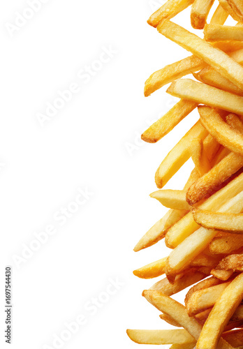 Close-up of a vertical stack of golden-brown French fries against a black background