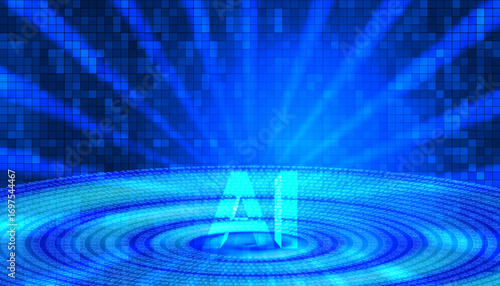 Vector abstract futuristic digital high technology poster. 3d abbreviation AI. Artificial intelligence. Pixels and blue glow. Radiant shine