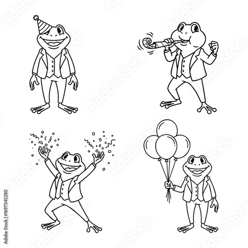 A character pose set of a frog at a party. The dapper cartoon mascot is shown celebrating with a party hat, balloons, and confetti. A fun vector collection.