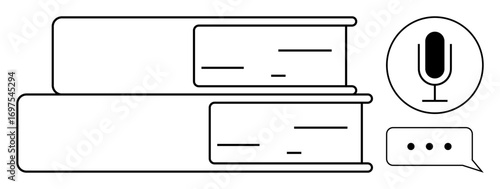 Two books stacked neatly with a microphone and message bubble icon, representing digital learning, audiobook access, or knowledge sharing. Ideal for education, technology, e-learning, communication