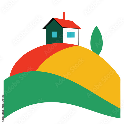 Abstract house on the hill vector illustration isolated on white background landscape design artwork  