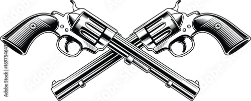Crossed revolvers illustration, vintage cowboy pistols drawing, wild west weapon engraving, antique firearm sketch art, classic handgun vector detailed design