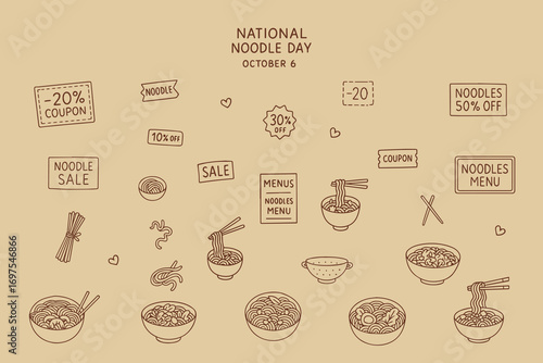 Black and white vector illustration for National Noodle Day with promo coupons and discounts. It features noodle bowls, chopsticks and special offer signs. Vector 