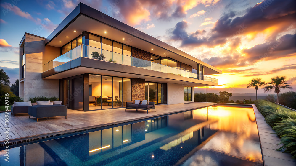 Fototapeta premium Modern luxury home with an infinity pool reflecting golden hour sky