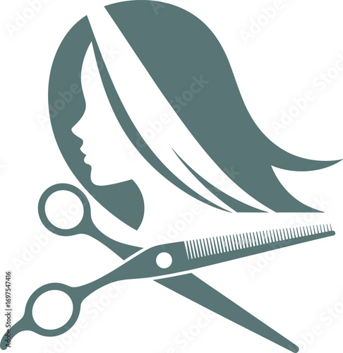 Hairdressing logo design with scissors and woman silhouette, beauty salon hairstyle concept, barber shop vector illustration, professional stylist branding art