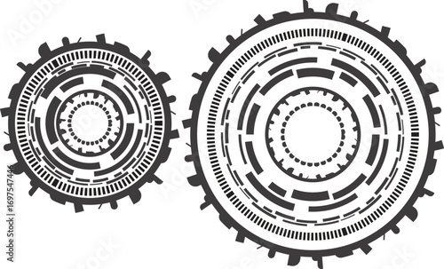 black and white round frame with gears