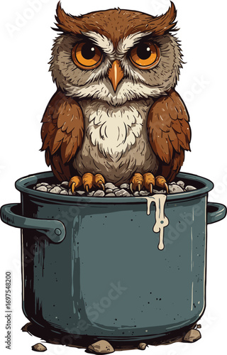 Funny Cartoon Owl Sauna T-Shirt Illustration, funny cartoon owl relaxing in a hot sauna tub with steam rising, towel wrapped on head, holding juice glass, humorous comic line art, vintage t-shirt