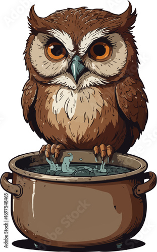 Funny Cartoon Owl Sauna T-Shirt Illustration, funny cartoon owl relaxing in a hot sauna tub with steam rising, towel wrapped on head, holding juice glass, humorous comic line art, vintage t-shirt