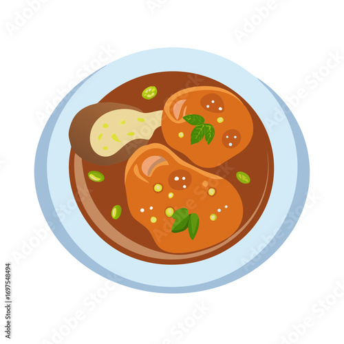 Isometric illustration of meat dish with sauce on plate