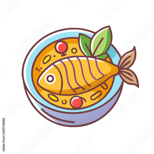 Illustration of fish soup in a bowl against black