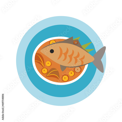 Stylized fish dish served on a blue plate
