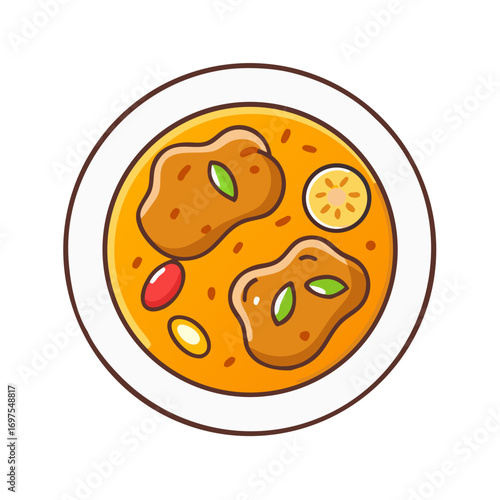 Cartoon illustration of traditional curry dish on white plate