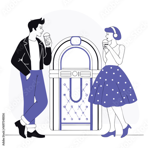 Retro 1950s fashion illustration featuring a stylish woman in vintage clothing perfect for nostalgic design projects and apparel graphics