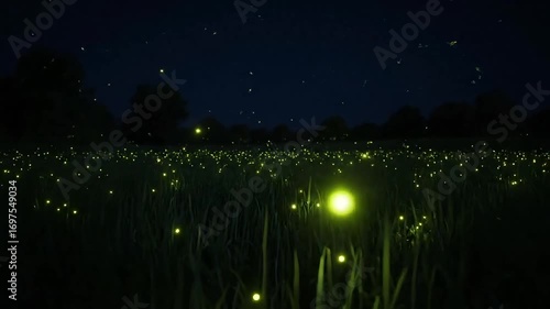 Magical meadow aglow with countless fireflies on a warm summer night