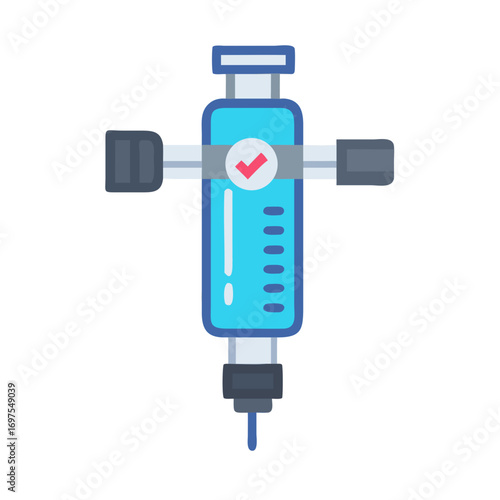 Blue syringe with check mark against a black background