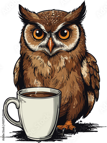 Funny Cartoon Owl Sauna T-Shirt Illustration, funny cartoon owl relaxing in a hot sauna tub with steam rising, towel wrapped on head, holding juice glass, humorous comic line art, vintage t-shirt
