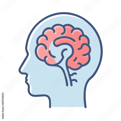 Stylized human brain inside head in profile view