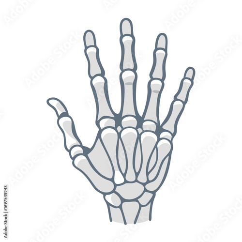 Cartoon skeleton hand on black backdrop for Halloween themes