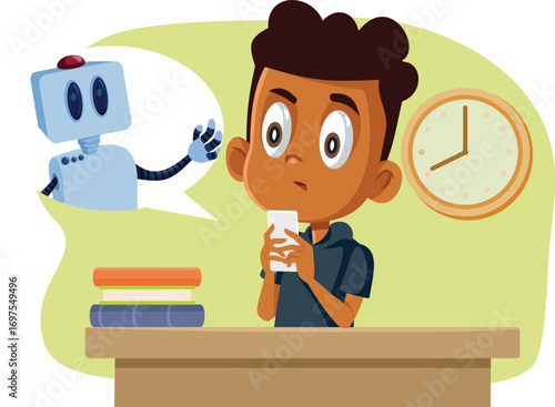 Dishonest Student Cheating Assignment with AI Vector Cartoon. Child misusing artificial intelligence in school during test evaluation  
