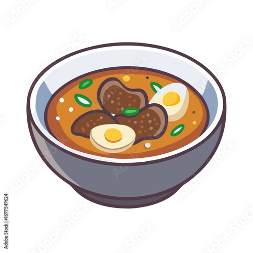 Cartoon bowl of brown gravy with egg and meat