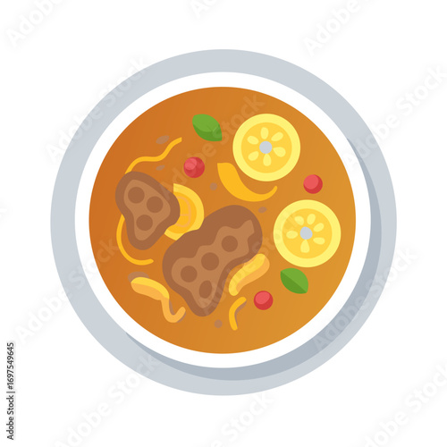 Stylized bowl of curry with lemon and meat pieces
