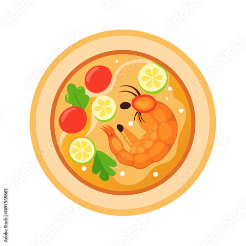 Flat illustration of Tom Yum soup dish with shrimp