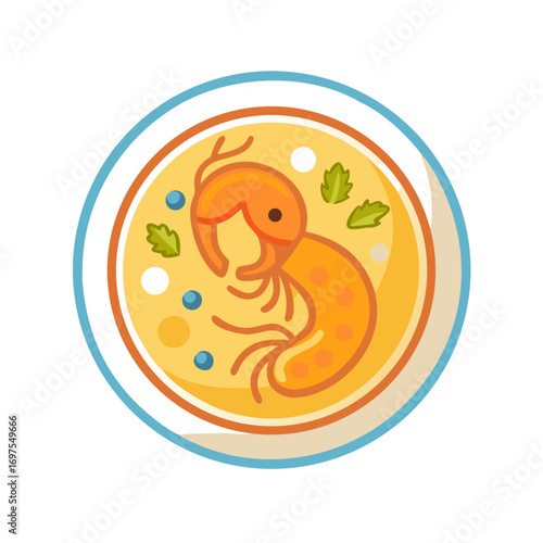 Stylized shrimp soup bowl illustration on a black background