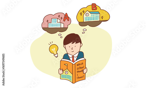 どちらの学校を選ぶべきか？志望校を検討する学生のイラスト