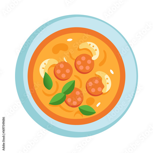 Tomato soup with pepperoni and basil illustration, top view