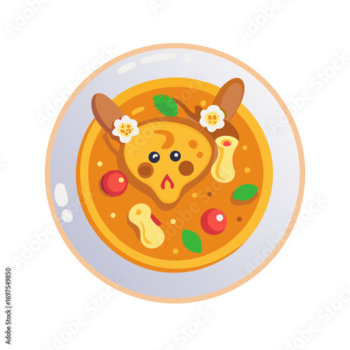 Fun animal soup bowl with tomato and flower garnish