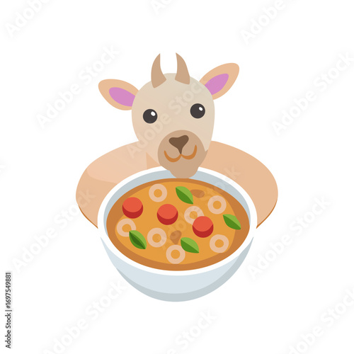 Cute goat presenting a bowl of tomato and basil soup