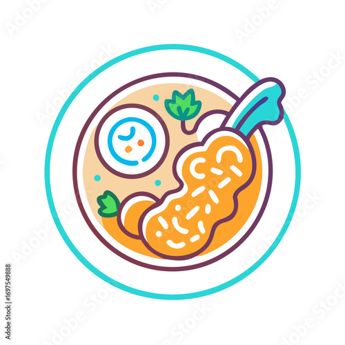 Tempura dish illustration with side of sauce on plate