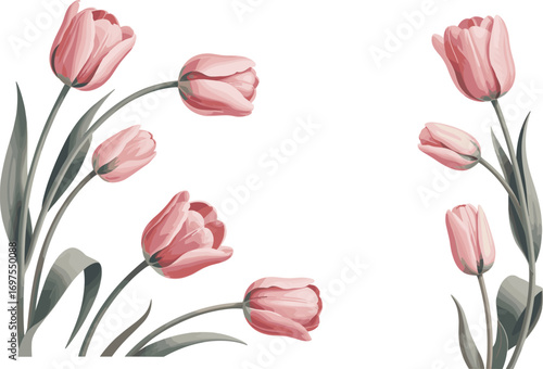 Pink tulip flower illustration, realistic spring blossom vector design, elegant botanical drawing, decorative floral art, blooming garden plant nature graphic