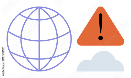 Globe with grid lines, triangular alert sign with exclamation mark, and cloud. Ideal for safety, environment, climate, alert system, communication global issues eco-crisis. Simple flat metaphor